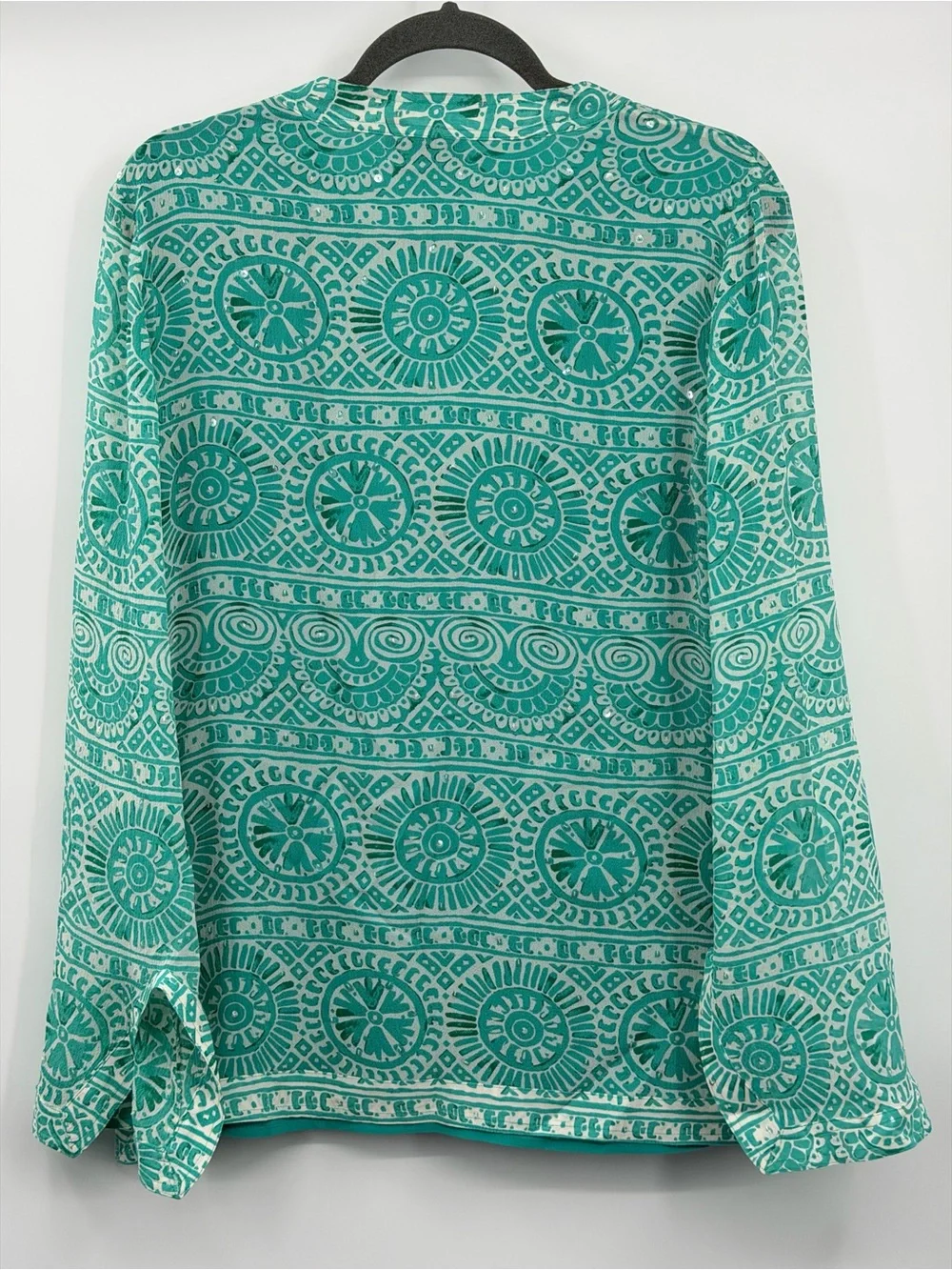 Tory Burch Silk Tunic Blouse Teal Ivory Sequin Print Size 10